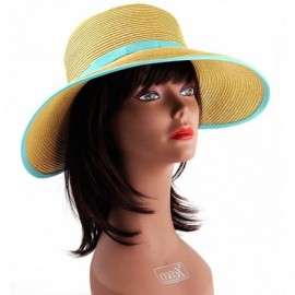 Sun Hats Women's Stylish UPF 50+ Paper Woven Sun Hat w/Ribbon Trim - Turquoise - CN11KI3SNSH $9.56