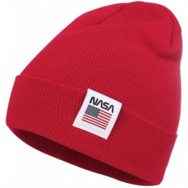 Skullies & Beanies NASA Logo Label 2-Way Soft Beanie Ribbed Knit Slouchy Cotton Hat - Red - CR1930M6D8O $16.13