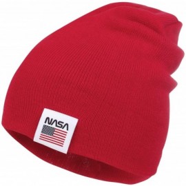 Skullies & Beanies NASA Logo Label 2-Way Soft Beanie Ribbed Knit Slouchy Cotton Hat - Red - CR1930M6D8O $16.13