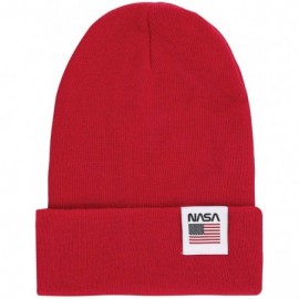 Skullies & Beanies NASA Logo Label 2-Way Soft Beanie Ribbed Knit Slouchy Cotton Hat - Red - CR1930M6D8O $16.13