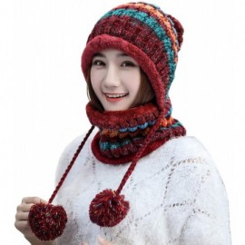 Skullies & Beanies Fleece Lined Women Knit Beanie Scarf Set Girls Winter Ski Hat with Earflap Pompom - Red - CR188QS0QZ9 $13.26