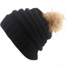 Skullies & Beanies Women's Knit Slouchy Beanie Hat with Pom Pom Fur - Black - CF12NBAIVD5 $20.69