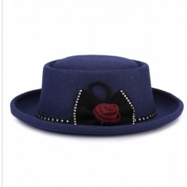 Fedoras Wool Flat Top Floral Bow Fedoras Hat for Women's Wide Brim Fedora Hat Lady Felt Retro Bowler Gambler Roll up Hat - CF...