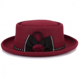 Fedoras Wool Flat Top Floral Bow Fedoras Hat for Women's Wide Brim Fedora Hat Lady Felt Retro Bowler Gambler Roll up Hat - CF...