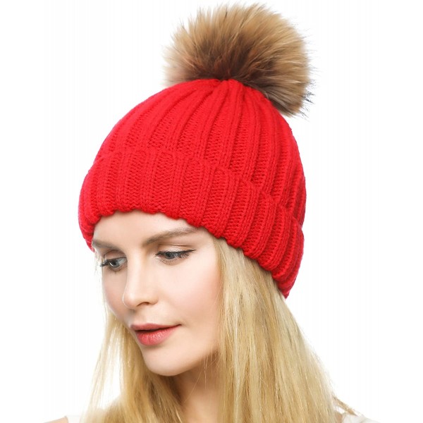 Skullies & Beanies Knit Hat for Womens Girls Fleece Winter Slouchy Beanie Hat with Real Raccon Fox Fur Pom Pom - Style02 Red ...