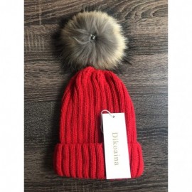 Skullies & Beanies Knit Hat for Womens Girls Fleece Winter Slouchy Beanie Hat with Real Raccon Fox Fur Pom Pom - Style02 Red ...