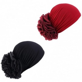 Skullies & Beanies 1Pack / 2Packs Women Flower Elastic Turban Beanie Head Wrap Chemo Cap Hat - 2pcs-black&wine Red - CS18OSKK...