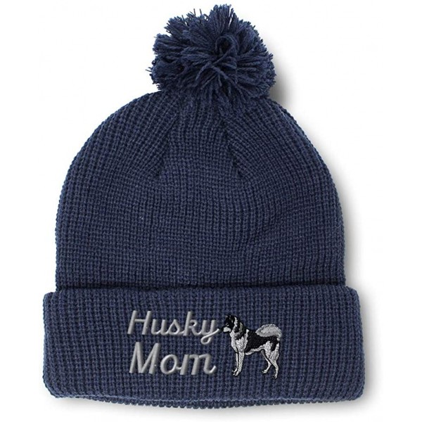 Skullies & Beanies Winter Pom Pom Beanie Men & Women Siberian Mom Husky Dog Pet Embroidery 1 Size - Navy - CM18A0EQTZD $14.42