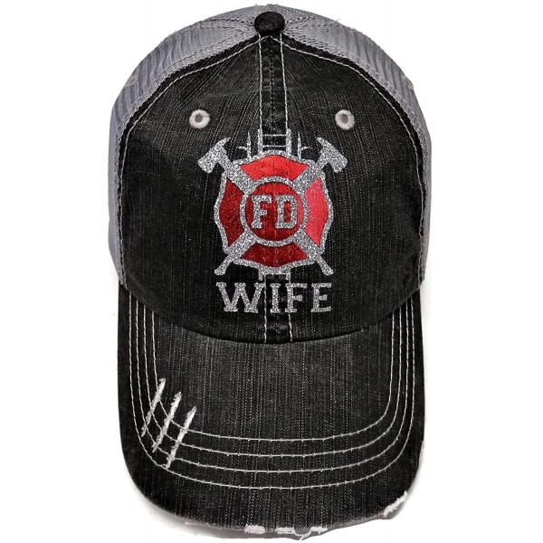 Baseball Caps Red/Silver Firefighter Wife Distressed Look Grey Trucker Cap Hat - CG18GUWH5R6 $19.41