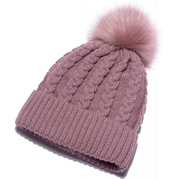 Skullies & Beanies Womens Winter Knit Slouchy Beanie Hat Warm Skull Ski Cap Faux Fur Pompom Hats for Women - Pink - CI18ZUX2S...