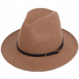 Fedoras Women Lady Vintage Retro Wide Brim Wool Fedora Hat Panama Cap with Belt Buckle - Khaki - CS18A72O8IZ $25.58