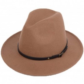 Fedoras Women Lady Vintage Retro Wide Brim Wool Fedora Hat Panama Cap with Belt Buckle - Khaki - CS18A72O8IZ $16.12