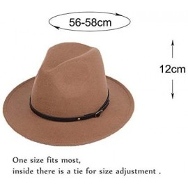 Fedoras Women Lady Vintage Retro Wide Brim Wool Fedora Hat Panama Cap with Belt Buckle - Khaki - CS18A72O8IZ $16.12