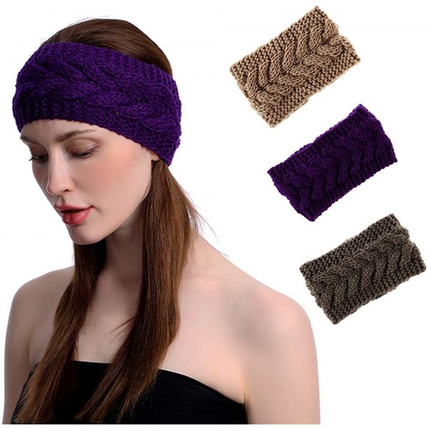 Cold Weather Headbands 3 Pack Knitted Headband Winter Crochet Chunky Ear Warmer Headwrap for Women Girls - Purple + Brown + C...