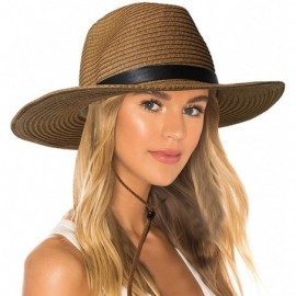 Sun Hats Womens Sun Hat with Wind Lanyard UPF Beach Packable Summer Cowboy Sun Straw Hats for Women Men - 001_khaki - C8194XD...