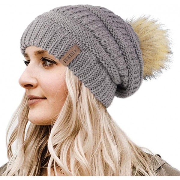 Skullies & Beanies Womens Winter Knit Slouchy Beanie Hat Warm Skull Ski Cap Faux Fur Pom Pom Hats for Women - CX185XNZ5RG $11.79