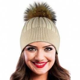 Skullies & Beanies Winter Hat Beanie with Real Fur Pom Pom Decorations. - Beige Hat - CE182ELC9CL $18.39