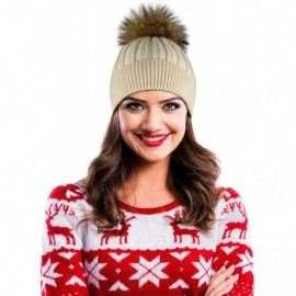 Skullies & Beanies Winter Hat Beanie with Real Fur Pom Pom Decorations. - Beige Hat - CE182ELC9CL $18.39