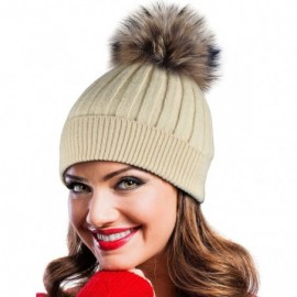 Skullies & Beanies Winter Hat Beanie with Real Fur Pom Pom Decorations. - Beige Hat - CE182ELC9CL $18.39