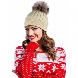 Skullies & Beanies Winter Hat Beanie with Real Fur Pom Pom Decorations. - Beige Hat - CE182ELC9CL $18.39