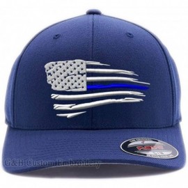 Baseball Caps Thin Red Line/Blue Line Waving USA Flag. Front & Back Embroidered- Flexfit 6277 Wooly Combed Cap. - Navy - C318...