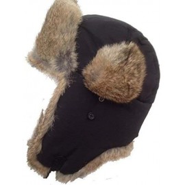 Bomber Hats Black Nylon Real Tan Rabbit Fur Trooper Trapper Aviator Hat - C311QN7LVN1 $33.11