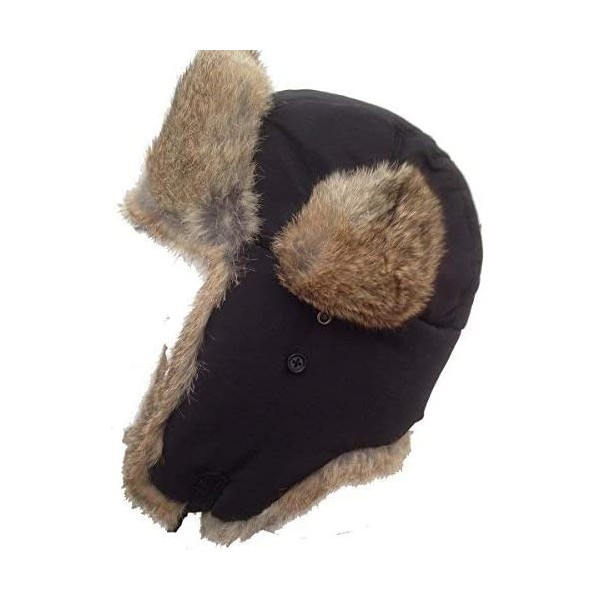 Bomber Hats Black Nylon Real Tan Rabbit Fur Trooper Trapper Aviator Hat - C311QN7LVN1 $33.11