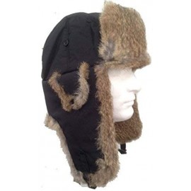 Bomber Hats Black Nylon Real Tan Rabbit Fur Trooper Trapper Aviator Hat - C311QN7LVN1 $33.11