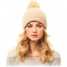 Skullies & Beanies Me Plus Women Fashion Fall Winter Soft Cable Knitted Faux Fur Pom Pom Beanie Hat - Solid Chenille - Beige ...