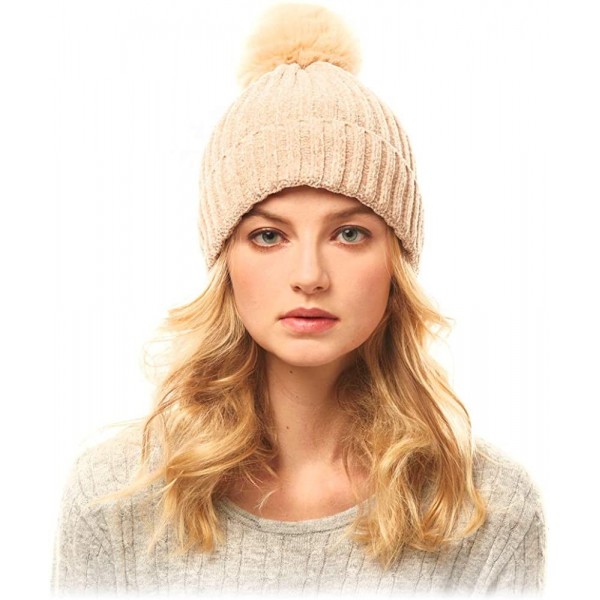 Skullies & Beanies Me Plus Women Fashion Fall Winter Soft Cable Knitted Faux Fur Pom Pom Beanie Hat - Solid Chenille - Beige ...