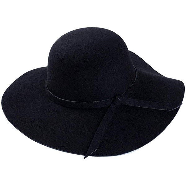 Fedoras Women Vintage Wide Brim Floppy Warm Fashion Felt Hat Trilby Bowler - Black - CX189XS8KZS $13.72