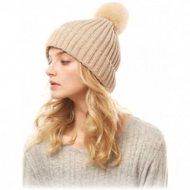 Skullies & Beanies Me Plus Women Fashion Fall Winter Soft Cable Knitted Faux Fur Pom Pom Beanie Hat - Solid Chenille - Beige ...