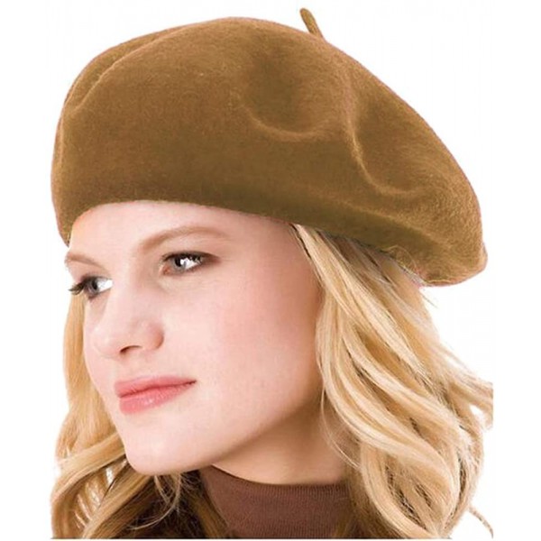 Berets Womens Solid Color Beret 100% Wool French Beanie Cap Hat - Khaki - C518O6I3YK2 $10.04