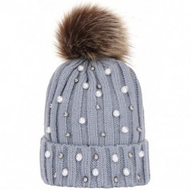 Bucket Hats Women Faux Fur Pom Pom Beanie Cap Fashion Winter Pearl Knit Ski Hat - Gray - CS18LK84GE2 $13.96