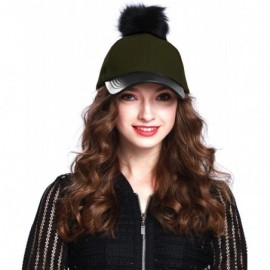 Baseball Caps Women's Faux Fur Pom Pom Baseball Cap - Olive - CR12N2I28XN $14.39