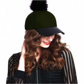 Baseball Caps Women's Faux Fur Pom Pom Baseball Cap - Olive - CR12N2I28XN $14.39