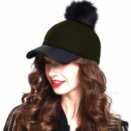 Baseball Caps Women's Faux Fur Pom Pom Baseball Cap - Olive - CR12N2I28XN $14.39