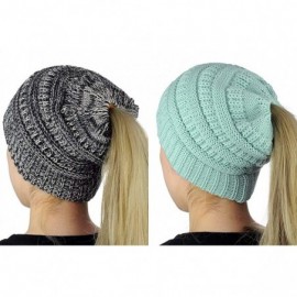 Skullies & Beanies 2 Pack of Women Beanie Trendy Ponytail Messy Bun Beanie Soft Warm Knitting Solid Ribbed Hat - Green+black/...