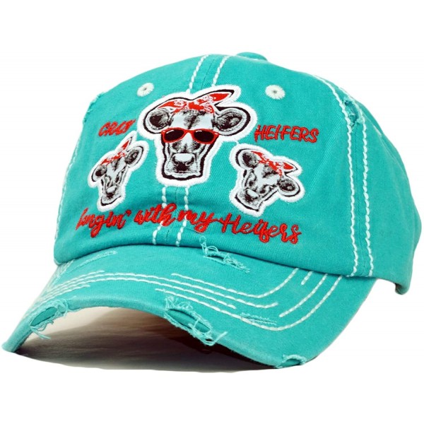 Baseball Caps Vintage Ball Caps for Women Mama Bear Dog Mom Washed Cap - Crazy Heifers- Turquoise - CG18ZYEQE36 $13.75