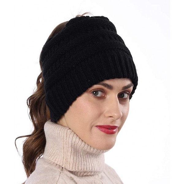 Skullies & Beanies Women's BeanieTail Warm Knit Hat Messy High Bun Ponytail Visor Beanie Cap B085 - Black - CA18AK6TUXM $10.84