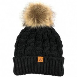 Skullies & Beanies Winter Warm Cable Knit Faux Fur Pom Pom Beanie - Adult Black - CZ180G7Q3SX $10.12