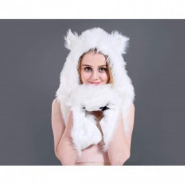 Bomber Hats Animal Hood Faux Fur Hat with Scarfs Mittens Ears and Paws 3 in 1 Soft Warm Winter Headwear - All White - CP18KLW...