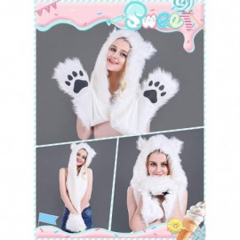 Bomber Hats Animal Hood Faux Fur Hat with Scarfs Mittens Ears and Paws 3 in 1 Soft Warm Winter Headwear - All White - CP18KLW...