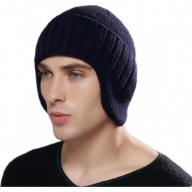 Skullies & Beanies Mens Winter Hat Knit Earflap Hat Stocking Caps with Ears Warm Hat - Navy Blue - C912N78G62K $12.33