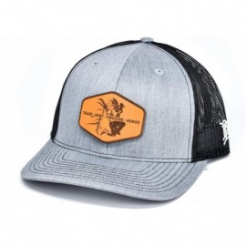 Baseball Caps Cam Hanes THPH Leather Patch hat Curved Trucker - Heather Grey/Black - CS18IGQGX7I $54.80