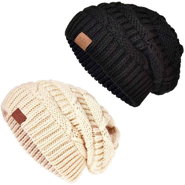 Skullies & Beanies Knit Beanie Hat for Women Oversize Chunky Winter Slouchy Beanie Hats Ski Cap - Black/Beige - C118ADQA2SZ $...