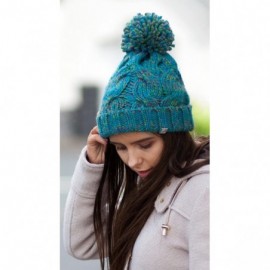 Skullies & Beanies Bobble Hat - Irish Knit Bobble Hat Winter Warm Thick - Cyan - C21854II3MY $14.82