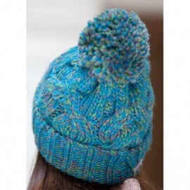 Skullies & Beanies Bobble Hat - Irish Knit Bobble Hat Winter Warm Thick - Cyan - C21854II3MY $14.82