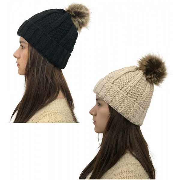 Fedoras Womens Winter Knit Slouchy Beanie Hat Warm Skull Ski Cap Faux Fur Pompom Hats for Women - Black+beige - CN18Y039RQ5 $...