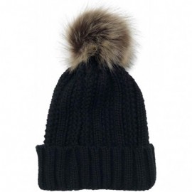 Fedoras Womens Winter Knit Slouchy Beanie Hat Warm Skull Ski Cap Faux Fur Pompom Hats for Women - Black+beige - CN18Y039RQ5 $...